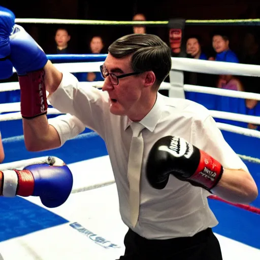 Prompt: Jacob Rees Mogg dressed as a kickboxing, fighting in thailand