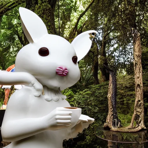 Prompt: an ancient mystical forest, a large sculpture of the white rabbit holding coffee cup, sculpture by jeff koons