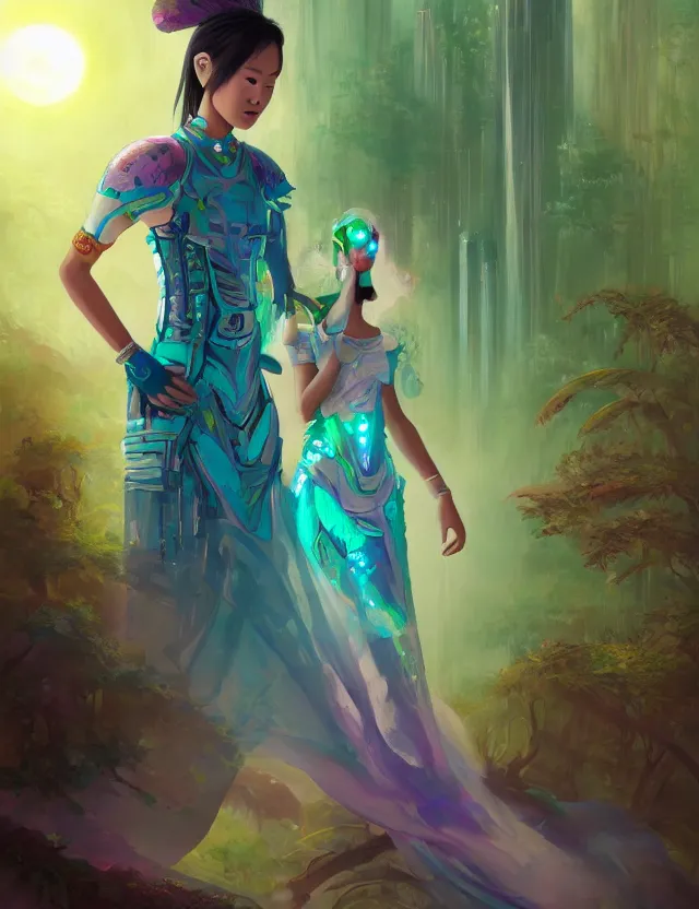 Prompt: southeast asian scifi princess of the cloud forest, wearing a lovely dress with cyberpunk details. this oil painting by the beloved children's book author has an interesting color scheme and impeccable lighting.