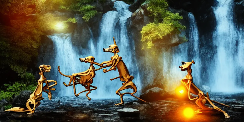 Image similar to 3d renderings of two dog Skeletons fighting in front of a waterfall, infographic for imaginary animals, golden hour, backlit by an alien planet, sharp focus, psychedelic LSD manga, hyper realistic, detailed, octane render