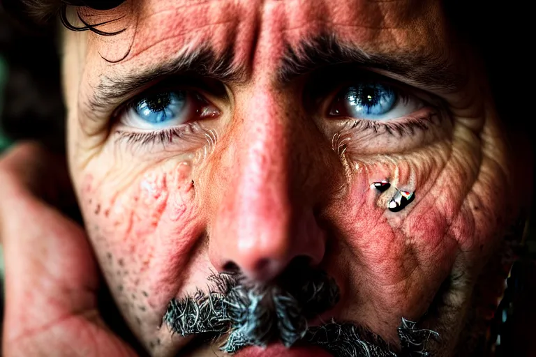 Image similar to Closeup Portrait of a sad Justin Trudeau, crying, half face, by Steve McCurry, supersharp, crisp, 8K, award winning portrait