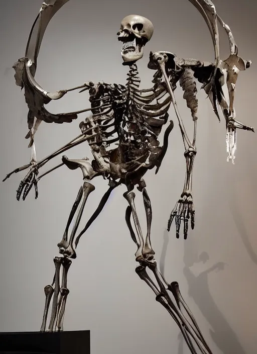 Image similar to the epic view of a human skeleton flying in a vulture skeleton sculpture in stainless steel by bernini, volummetric light