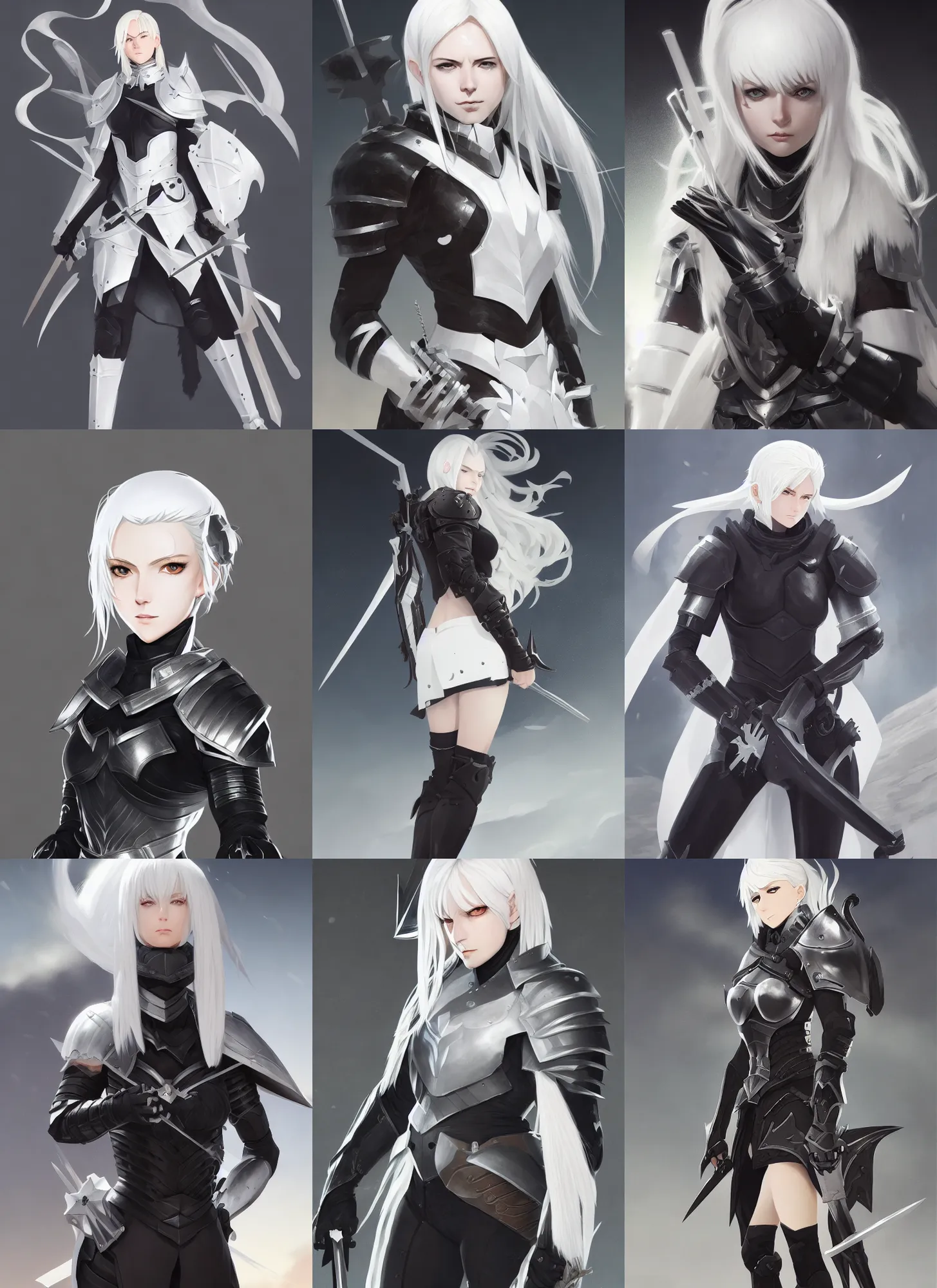 Prompt: detailed, sharp, full body portrait of a white-haired female crusader in black armor, trending on artstation, anime arts, featured on Pixiv, HD, 8K, highly detailed, good lighting, beautiful, epic, masterpiece, in the style of Ilya Kuvshinov and Greg Rutkowski