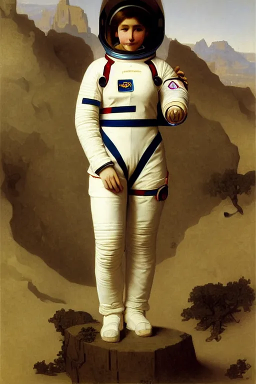 Image similar to a portrait of a female astronaut, wearing a spacesuit and helmet, by bouguereau