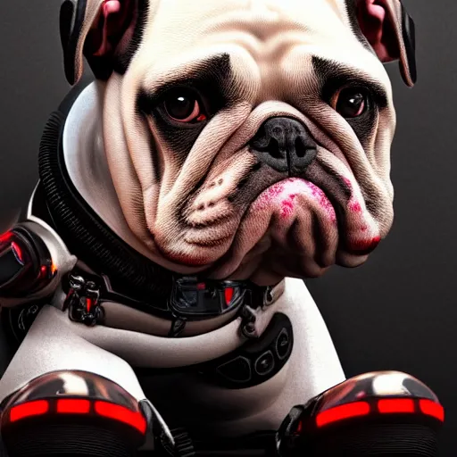 Image similar to « a cartoon cyborg bulldog sitting down, cyberpunk art by grillo demo, cgsociety, 2 d art, future tech, made of liquid metal, sketchfab »