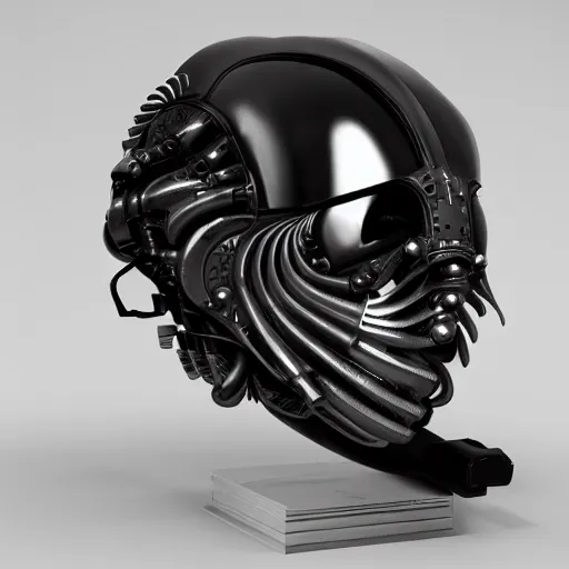 Image similar to cyberpunk mediaval mechanical helmet with side intircate hoses looking straight by Vitaly Bulgarov, front view