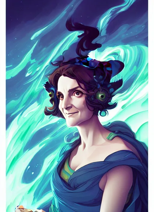 Image similar to style artgerm, joshua middleton, illustration, tina fey as a high priestess wearing green pelt light armor, anime eyes, blue hair, swirling water cosmos, fantasy, dnd, cinematic lighting