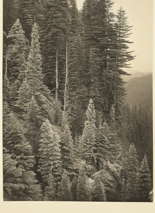 Prompt: Overlook of a gorge with steep rocky slopes covered with sparse fir trees , albumen silver print by Timothy H. O'Sullivan.