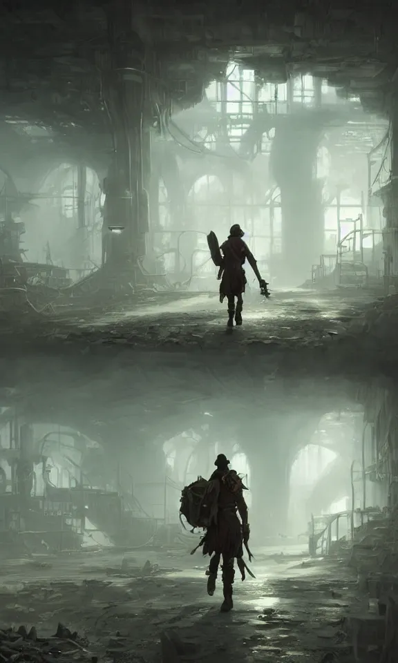 Prompt: Fantasy matte painting of an adventurer walking through an abandoned steampunk industrial factory, volumetric light scattering, highly detailed, Andreas Rocha, Greg Rutkowski, Darek Zabrocki, ArtStation, CGSociety, Unreal Engine, 4K, 8K