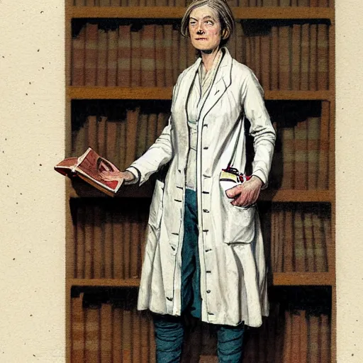 Prompt: a character portrait of a lady doctor in the original form series by margaret ward, year 1 8 0 0, illustration, standing in front of a book!!! shelf!!!, facing the camera, by greg rutkowski