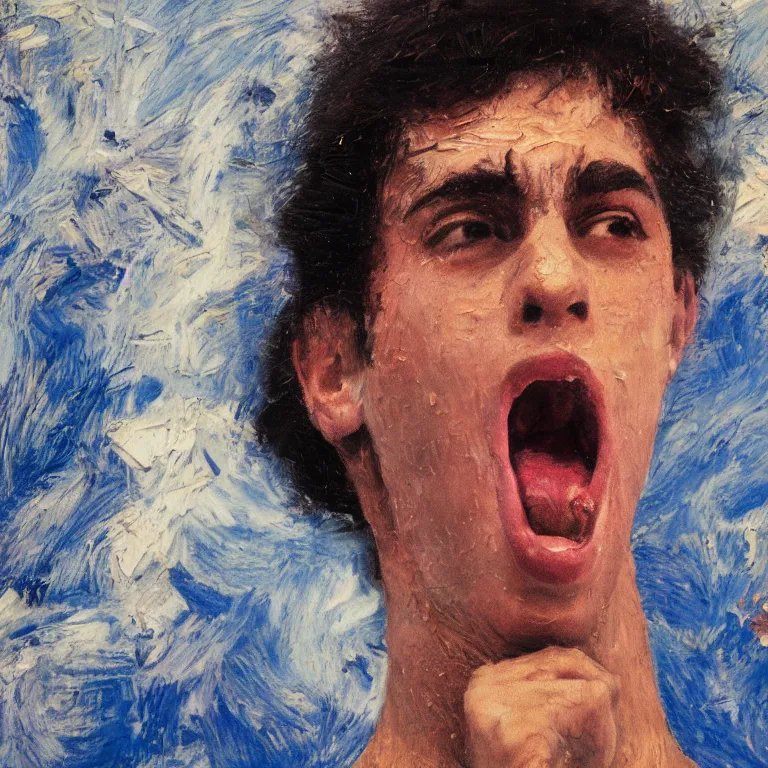 Prompt: warmly lit close up studio portrait of young angry! teenage Jerry Seinfeld angrily singing, impasto oil painting thick brushstrokes by Cy Twombly and Anselm Kiefer , trending on artstation dramatic lighting Expressionism