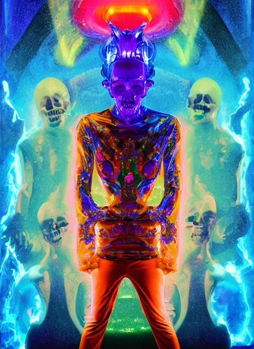 Prompt: photo of fullbodied baroque and bladerunner neon drippy tar sculpture of seductive ceramic albino ceramic prince brian whittaker dotado lavendar iridescent humanoid deity wearing orange plastic fluffy hoody holding diamond skull in a blue alien dungeon, reclining, glowing rainbow face, crown of white diamonds, cinematic lighting, photorealistic, octane render 8 k depth of field 3 d