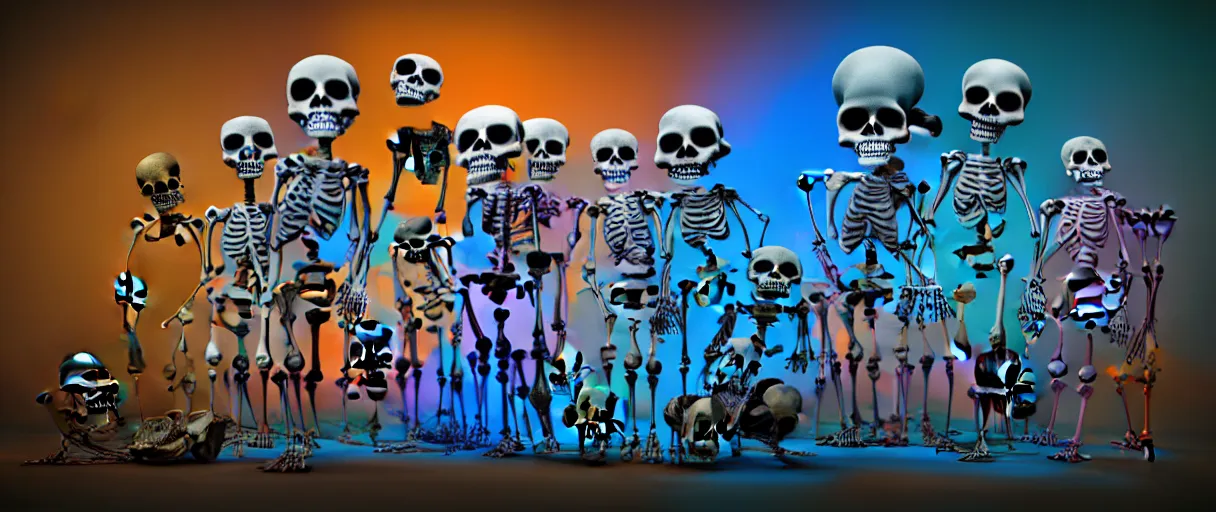 Prompt: hyperrealistic very cute multicolored skeletons mixing bones jason limon concept art dramatic blue lighting wide angle hd 8k sharp shallow depth of field