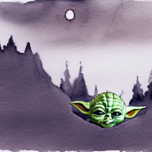 Prompt: view from above, medium - shot, baby yoda on a well lit path in a dimly lit forest, dramatic cloudy setting sun, watercolor and ink, muted color. minimalist, detailed ue 5