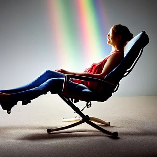 Image similar to person receiving acupuncture treatment in a recliner chair floating in the sky, beautiful, rainbows, dramatic lighting