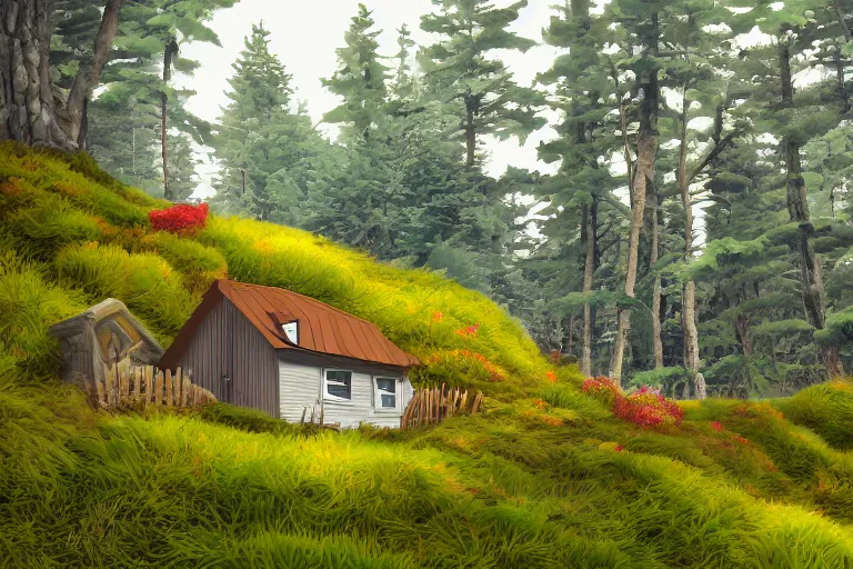 Image similar to animation background of a seaside cottage in Oregon, moss and pines, exaggerated perspective