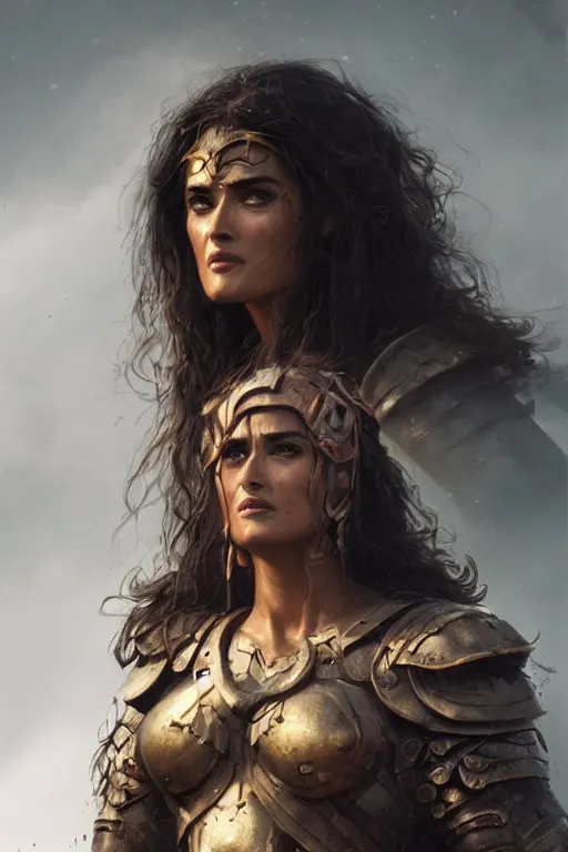 Image similar to portrait, Salma Hayek , barbarian , dressed in steel armor, face portrait, raphael lacoste, eddie mendoza, alex ross, concept art, matte painting, highly detailed, rule of thirds, dynamic lighting, cinematic, detailed, denoised, centred