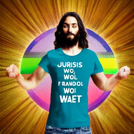 Prompt: Jesus wear a rainbow t-shirt and walks on water, front view, Fullbody, realistic, Photograph, 4k