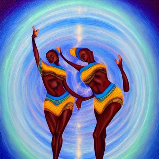 Image similar to african women dancing around a blue glowing portal to another dimension by amanda sage, oil on canvas, trending on artstation