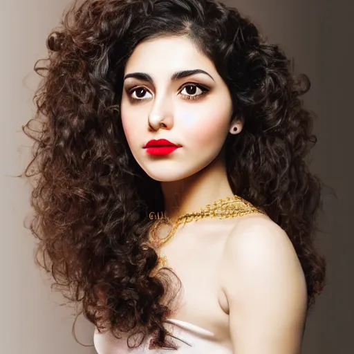 Prompt: portrait of a persian young lady with curly black hair, round face, medium size lips, big brown eyes, photo, hyperrealistic, focused, detailed