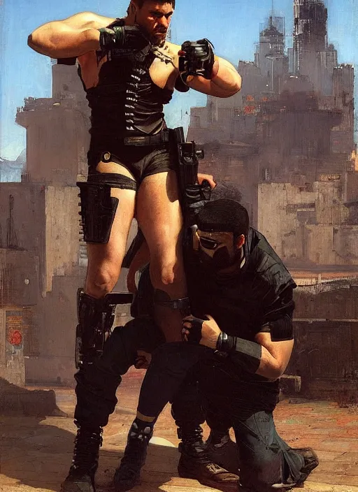 Image similar to big mike fighting javier. cyberpunk meathead wearing a military vest and combat gear. Meathead trying to intimidate cyberpunk hacker. (Cyberpunk 2077, bladerunner 2049). Iranian orientalist portrait by john william waterhouse and Edwin Longsden Long and Theodore Ralli and Nasreddine Dinet, oil on canvas. Cinematic, hyper realism, realistic proportions, dramatic lighting, high detail 4k