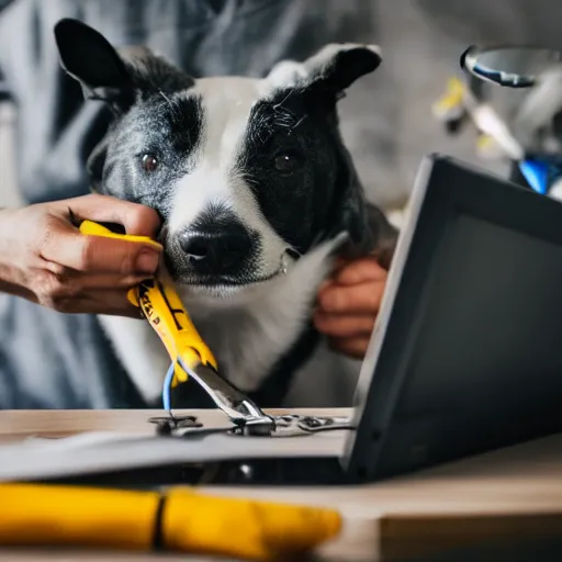 Prompt: detailed photo of a dog fixing an open CPU with tools in its hands, dog is fixing PC, dlsr photo