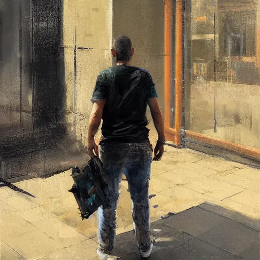 Image similar to a realistic hyperdetailed digital oil full body portrait painting of a man with a playstation 5 outside at a restaurant, beer in hand, in the style of guy denning, ruan jia, and craig mullins. trending on artstation and deviantart. cgsociety digital art.