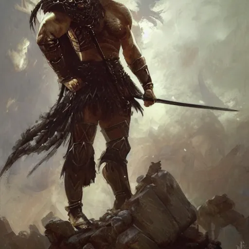 Image similar to a fierce and muscular male warrior in full armor, handsome, fantasy character portrait by greg rutkowski, gaston bussiere, craig mullins, simon bisley