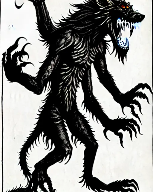 Prompt: a licorice werewolf as a D&D monster, full body, pen-and-ink illustration, etching, by Russ Nicholson, DAvid A Trampier, larry elmore, 1981, HQ scan, intricate details, Monster Manula, Fiend Folio