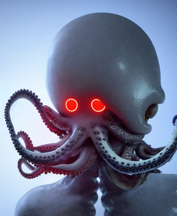 Prompt: a humanoid with an octopus head and man body with several glowing eyes, 4 k resolution, detailed, 3 d render, unreal engine, octane render, trending on artstation