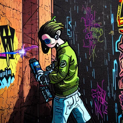 Prompt: in the style of max prentis and deathburger and laurie greasley a close up of a young explorer wearing a cyberpunk headpiece spraying graffiti on a wall, highly detailed, 8 k wallpaper