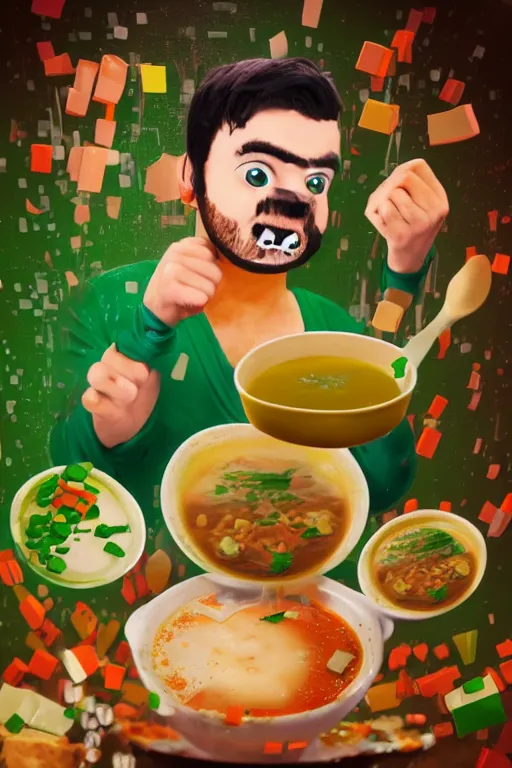 Prompt: 📷 jacksepticeye bathing in soup, made of food, head portrait, dynamic lighting, 4 k