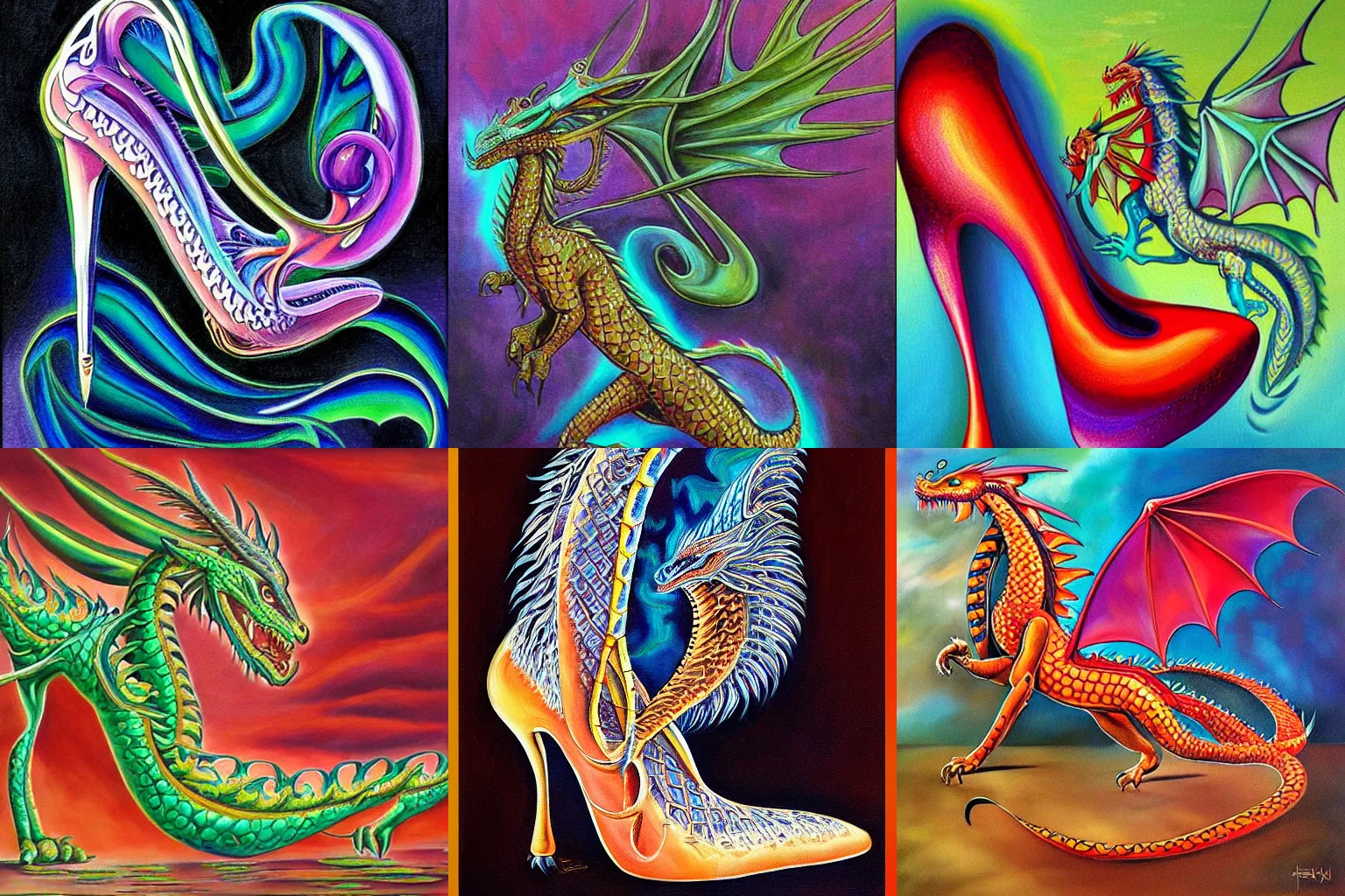 Prompt: a beautiful painting of a dragon high heel in style of alex grey