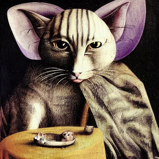 Image similar to stunning portrait of the purple striped cat of cheshire with a malicious smile by hieronymus bosch