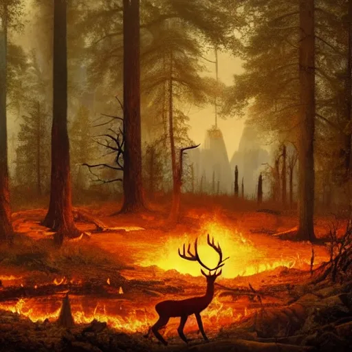 Image similar to a forest in a extreme fallout, with radioactive paths and flames everywhere, a deer is in the middle of the scenery and drinks out of a lake by greg rutkowski, 4 k, realistic oil painting