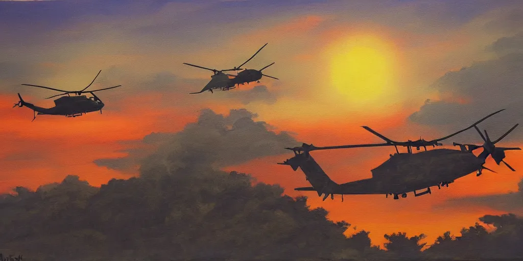 Image similar to Painting of vietnam Huey Helicopters, above a forest, orange sun set, abstract, realism, high details, glow, far, distance, over the horizon, drawn