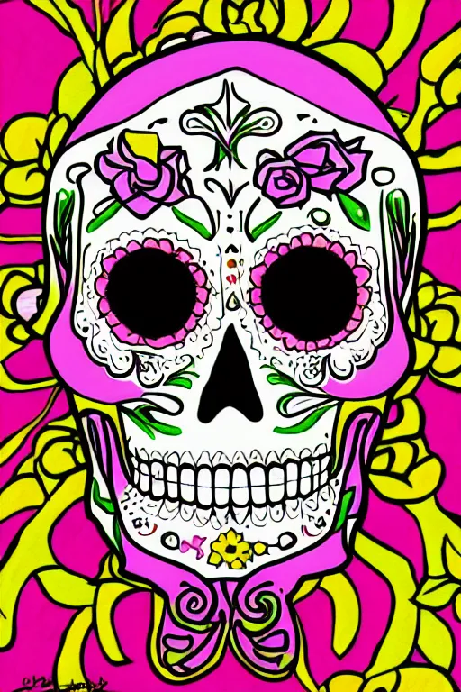 Image similar to illustration of a sugar skull day of the dead girl, art by meow wolf