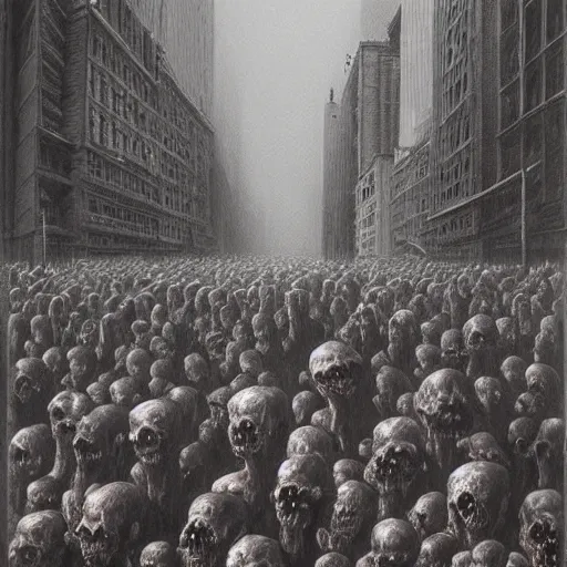 Prompt: massive zombie horde crowd in downtown new york, highly detailed beksinski charcoal painting