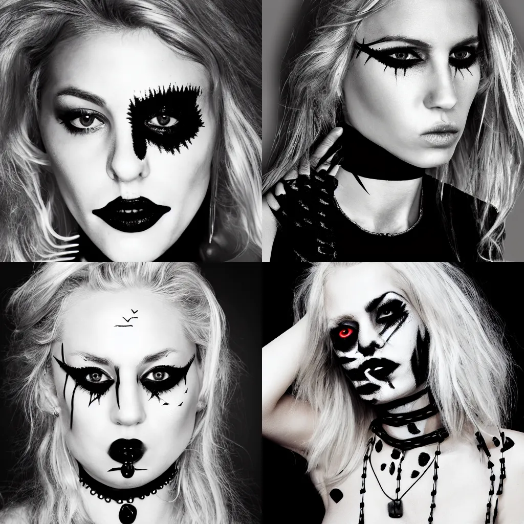 Prompt: blonde woman wearing a spiked choker with digitally drawn on abstract scary black markings on her face, black and white photo, album art