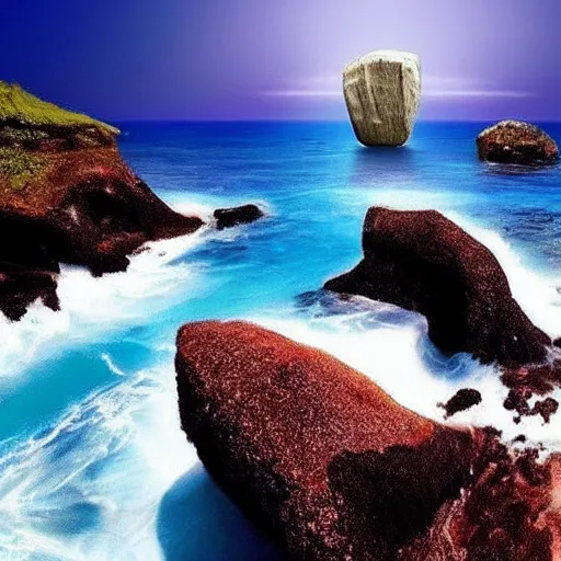 Prompt: a huge inverted conical rock floating in the air above an ocean. Awe inspiring background, fantasy!!!