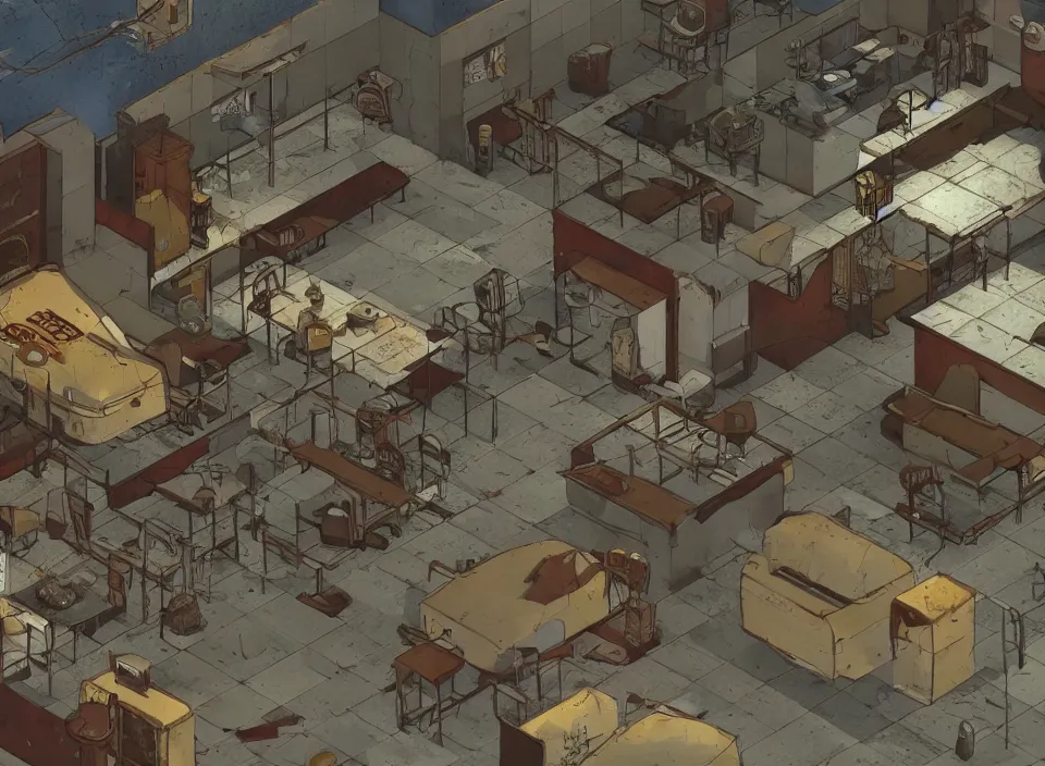 Prompt: Screenshot of abandoned rusty McDonald restaurant in Fallout 2 (1998), isometric perspective, postapocalyptic, bird's eye view, high quality