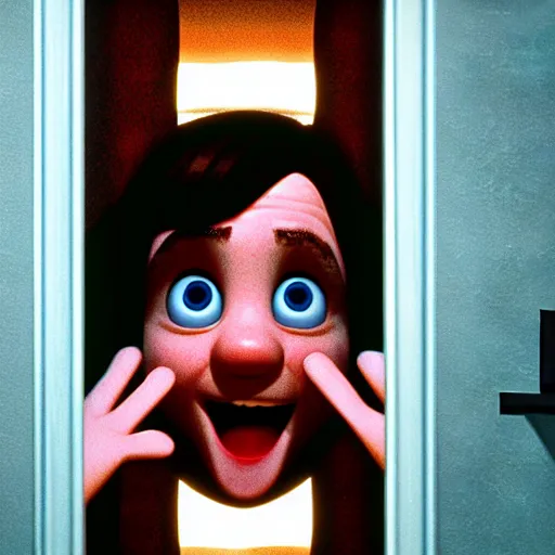 Image similar to the shining ( 1 9 8 0 ), the scene where jack peeks his face through the broken door holding his axe and says here's johnny, close up, pixar disney style, animated, cgstation, octane render, film still, best animation, visual effects