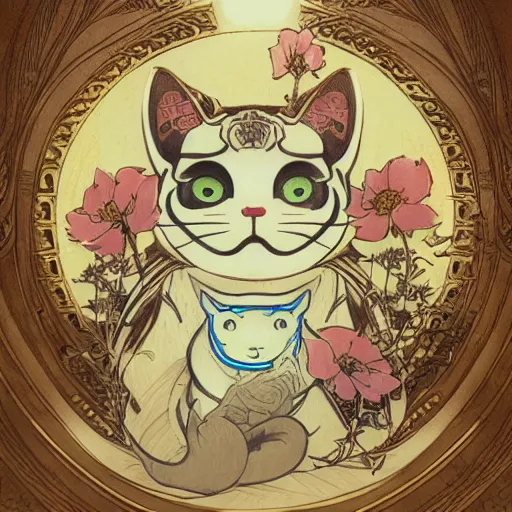 Image similar to A cute maneki neko, flowers around, D&D, fantasy, intricate, cinematic lighting, highly detailed, digital painting, artstation, concept art, smooth, sharp focus, illustration, art by Akihiko Yoshida, Greg Rutkowski and Alphonse Mucha