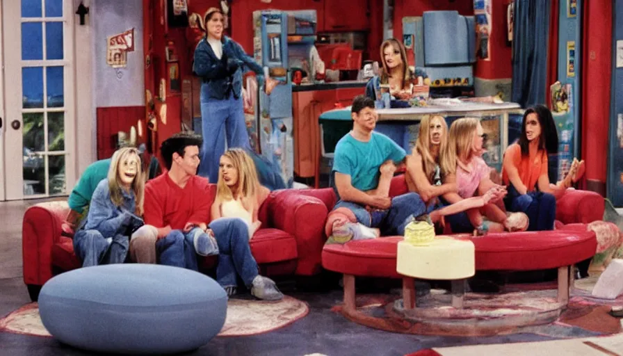 Prompt: 1990s photo of inside the Friends Show themed roller coaster at Universal Studios in Orlando, Florida, people riding a sofa coaster through the Friends apartments , cinematic, UHD