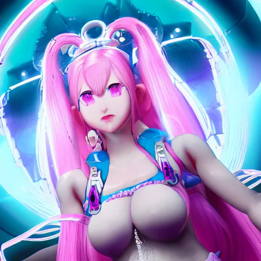 Image similar to stunningly beautiful omnipotent megalomaniacal anime goddess who looks like junko enoshima with symmetrical perfect face and porcelain skin, pink twintail hair and mesmerizing cyan eyes, looking down upon the viewer and taking control, mid view from below her feet, hyperdetailed, unreal engine 5, 8 k