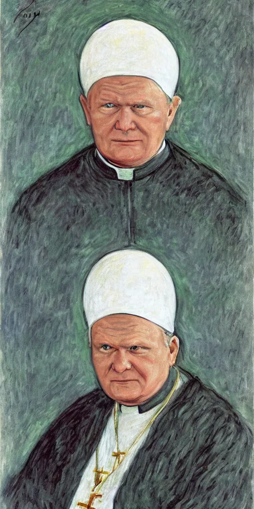 Image similar to portrait of john paul ii wearing piccolo's from dragon ball z white turban with a dome on top by claude monet