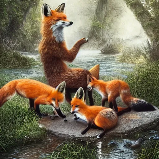 Prompt: a portrait of a fox family drinking on a river in a forrest, an ultrafine hyperdetailed illustration by kim jung gi, irakli nadar, takato yamamoto, intricate linework, bright colors, porcelain skin, unreal engine 5 highly rendered, fashion photography, fractal background, global illumination, radiant light, detailed and intricate environment