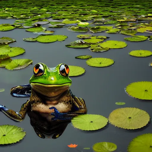 Image similar to dark clouds, close - up of a scared!!! frog in the pond with water lilies, shallow depth of field, highly detailed, autumn, rain, bad weather, ominous, digital art, masterpiece, matte painting, sharp focus, matte painting, by isaac levitan, asher brown durand,