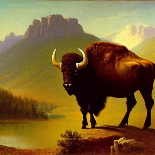 Prompt: enormous bison in a valley, painting by albert bierstadt, highly detailed
