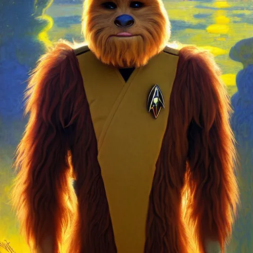 Prompt: a portrait of a wookie in a starfleet uniform star trek chief engineer. zootopia fursona furaffinity furry art detailed face highly detailed painting by gaston bussiere craig mullins jc leyendecker gustav klimt artgerm greg rutkowski furry